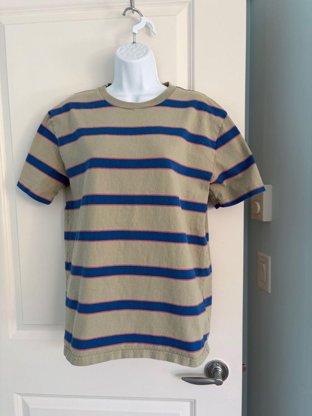 TNA Olive Green Short Sleeve Tee with Blue & Red Stripes